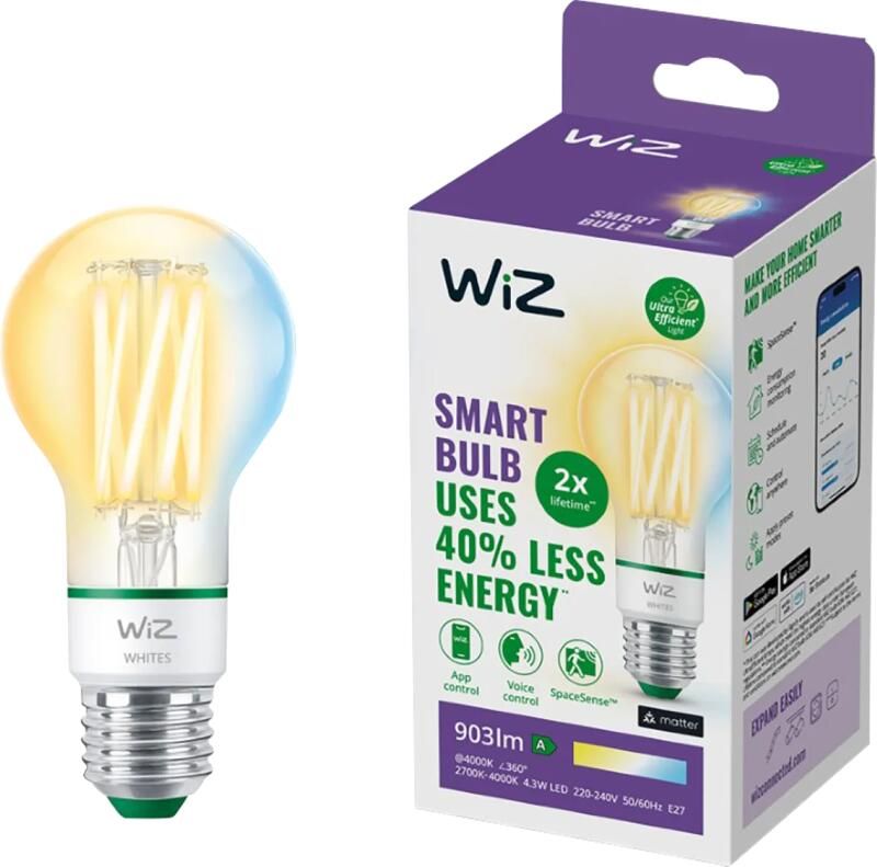 WiZ Lamp Filament Slimme LED-verlichting Energieklasse A Warm- tot Koelwit Licht E27 60W Transparant Wi-Fi