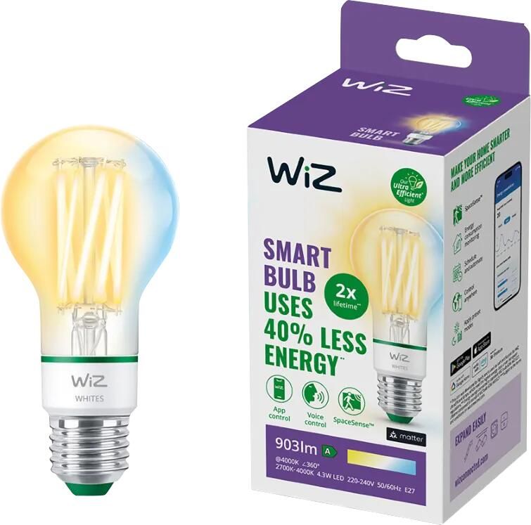 WiZ Lamp Filament Slimme LED-verlichting Energieklasse A Warm- tot Koelwit Licht E27 60W Transparant Wi-Fi