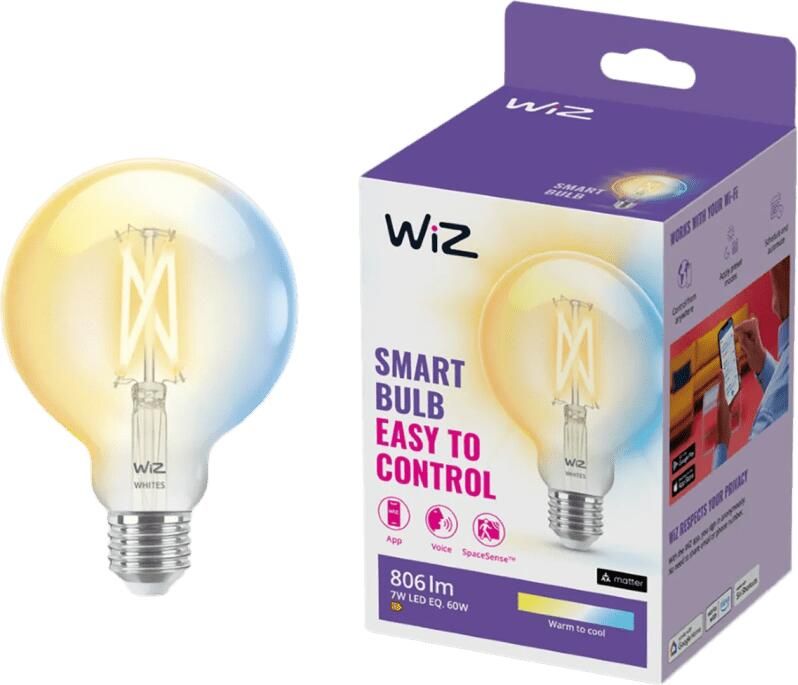 WiZ Globe Filament Slimme LED Verlichting Warm- tot Koelwit Licht E27 60W 95 mm Transparant Wi-Fi