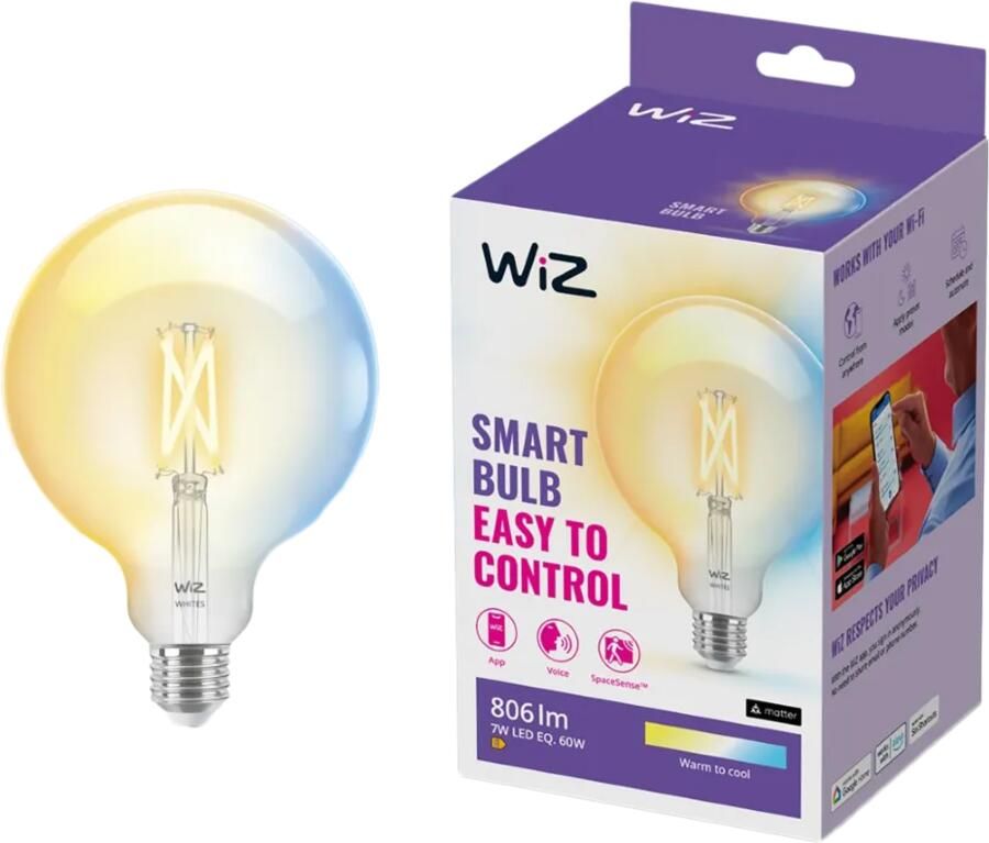WiZ Globe Filament Slimme LED Verlichting Warm- tot Koelwit Licht E27 60W 125 mm Transparant Wi-Fi
