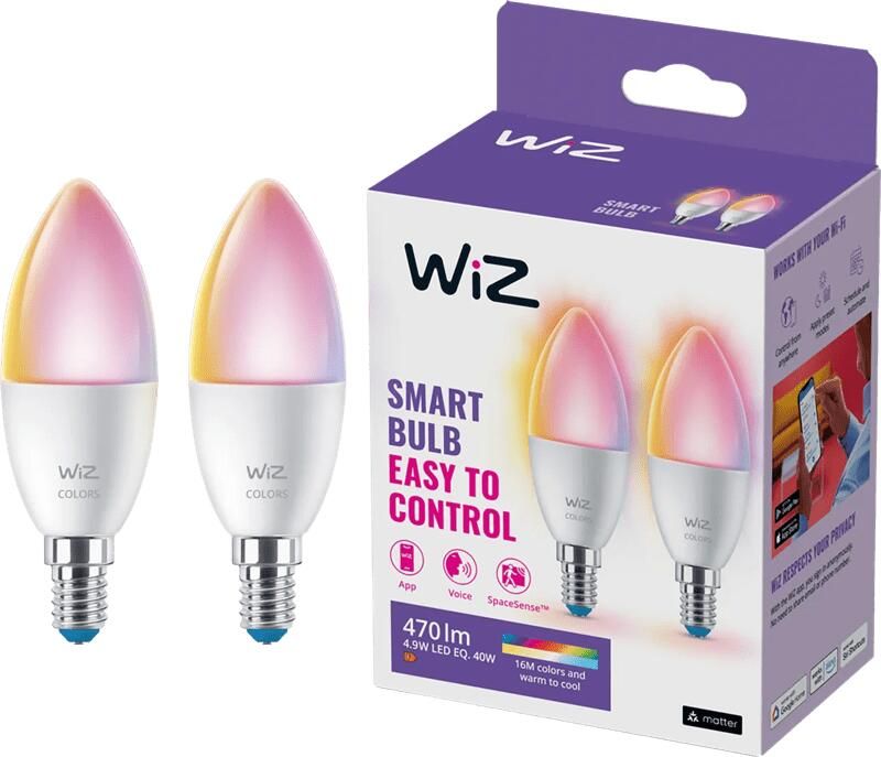 WiZ Kaarslamp 2-pack Slimme LED-Verlichting Gekleurd en Wit Licht E14 40W Mat WiFi