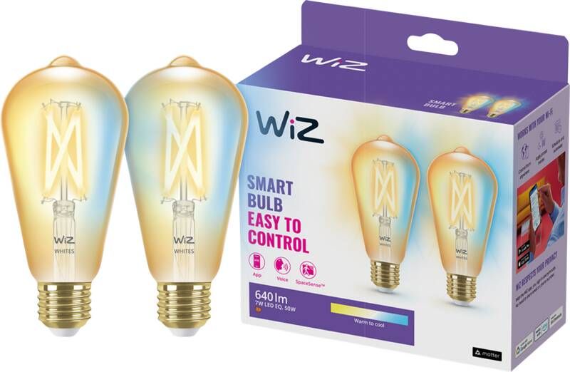 WiZ LED Tunable White filament edison lamp goud dimbaar (2-pack) E27 …