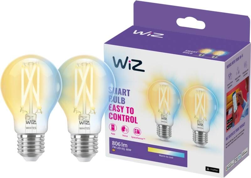 WiZ Filamentlamp Slimme LED Verlichting Warm tot Koelwit Licht E27 60W WiFi 2 stuks