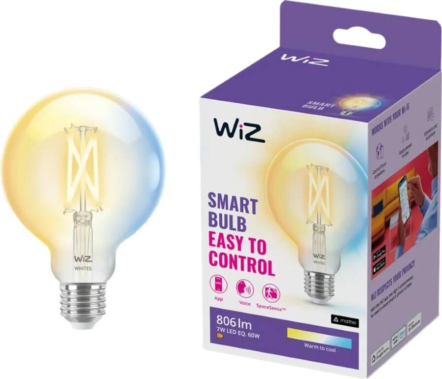 WiZ Globe Filament Slimme LED Verlichting Warm- tot Koelwit Licht E27 60W 95 mm Transparant Wi-Fi