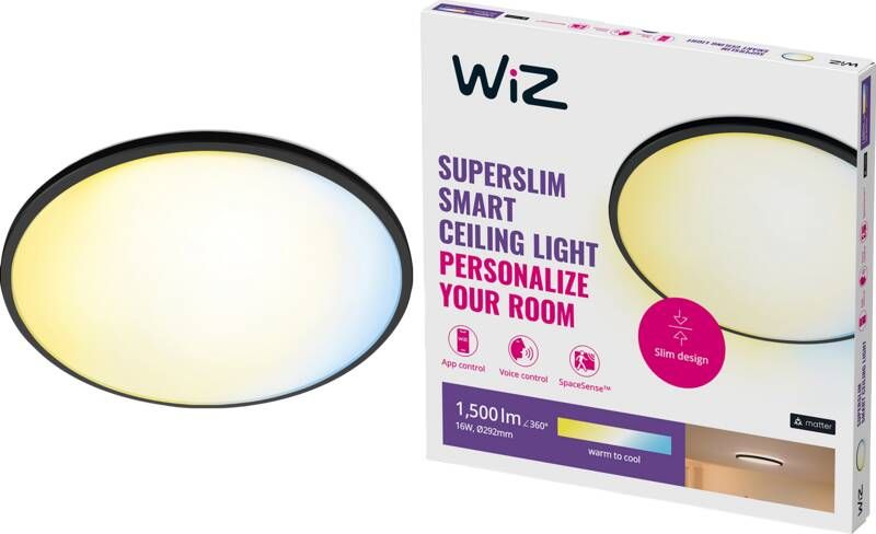 WiZ Plafonniere SuperSlim Zwart Slimme LED-Verlichting Warm- tot Koelwit Licht Geintegreerd LED 16W Wi-Fi