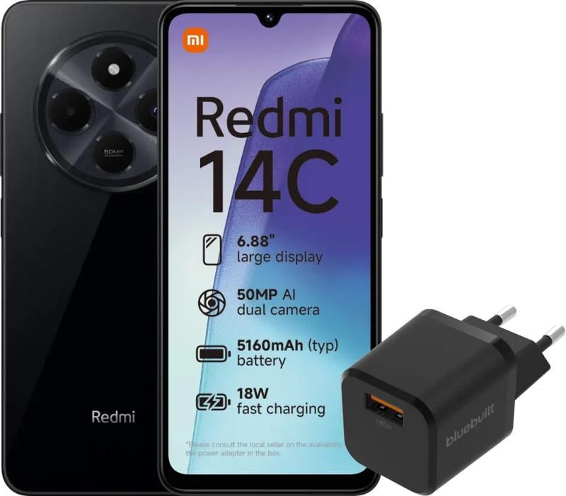 Xiaomi Redmi 14C 128GB Zwart 4G + BlueBuilt Oplader met Usb A Poort 18W Zwart