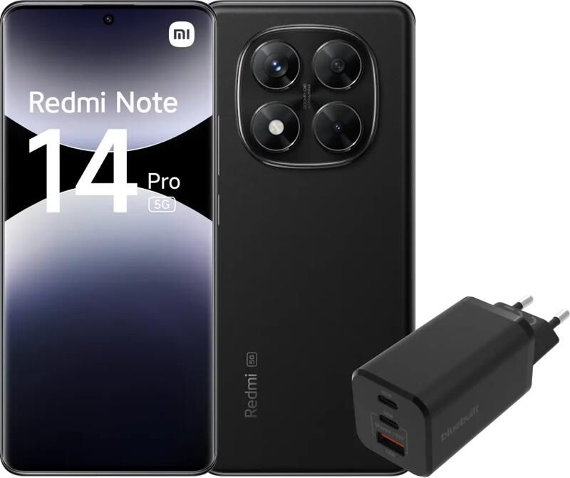 Xiaomi Redmi Note 14 Pro 256GB Zwart 5G + BlueBuilt Oplader met 3 Usb Poorten 65W Zwart