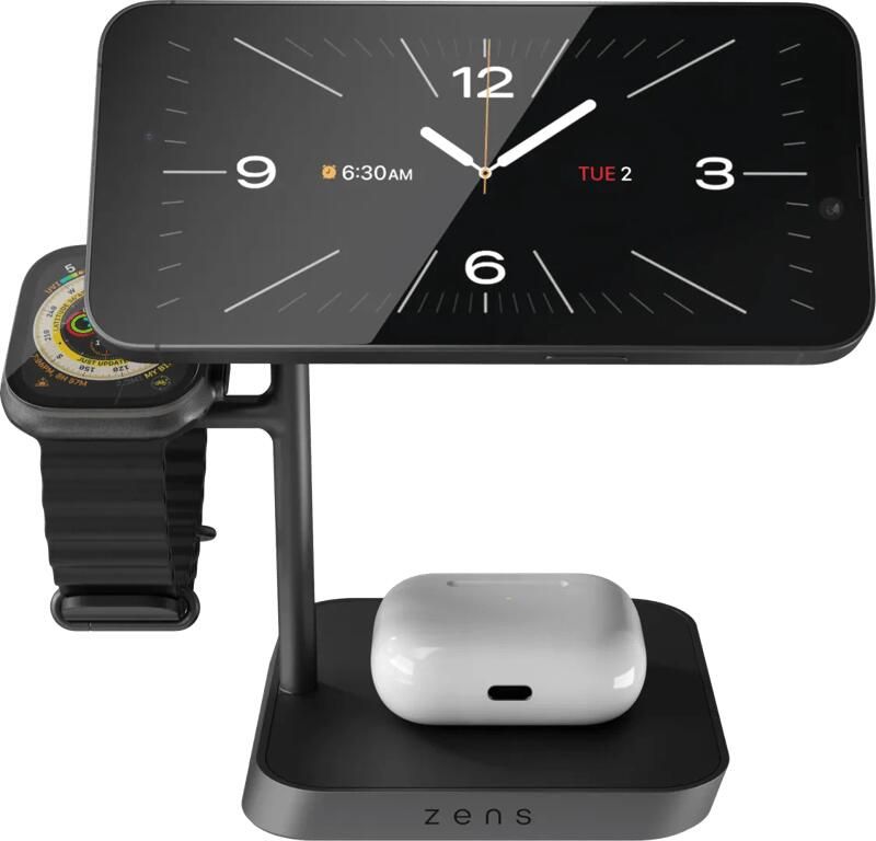 Zens 3-in-1 MagSafe en Qi2 Draadloze Oplader 15W met Standaard en Watch Stand