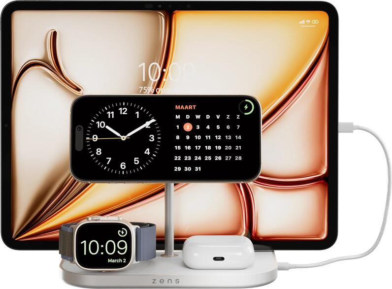 Zens 4-in-1 MagSafe met Qi2 Draadloze Oplader 15W met Standaard Watch Stand en iPad Stand