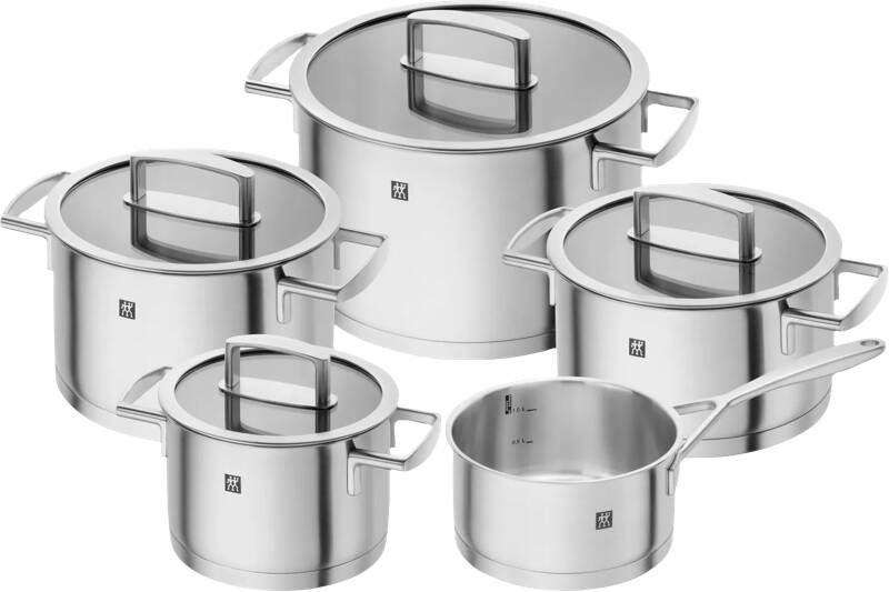 Zwilling Vitality 66460-000-0 pannenset 4 kookpannen 1 steelpan glazen deksels grijs