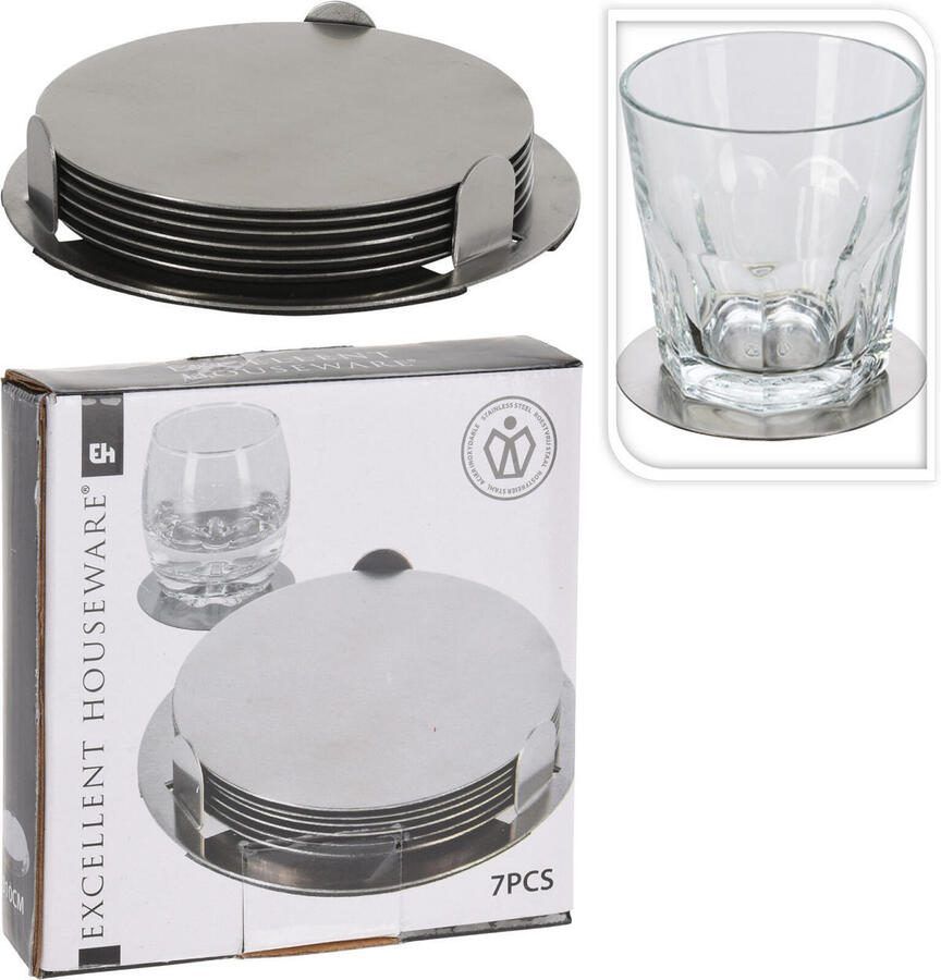 Excellent Houseware 6x stuks RVS glazen onderzetters zilverkleurig met houder 8 5 cm Glazenonderzetters