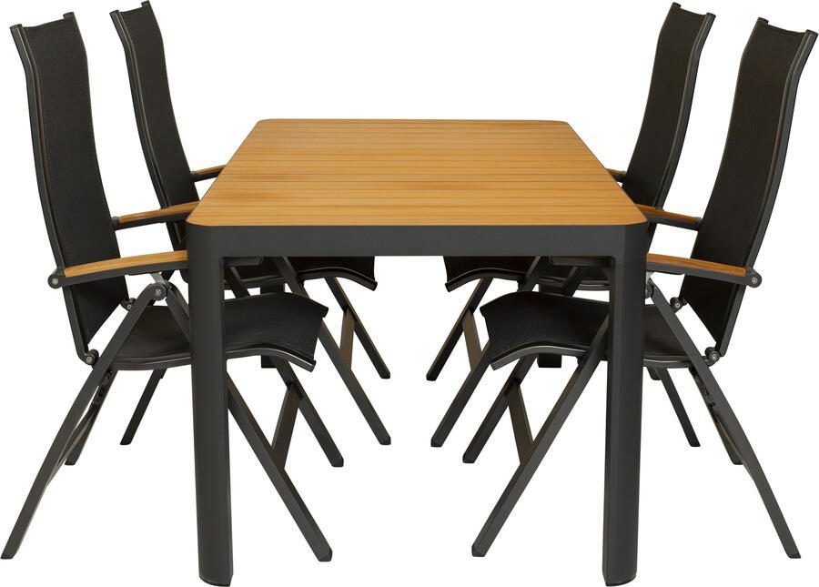 Coppens Qopps Mikos tuintafel met 4 Kettler Altura verstelbare tuinstoelen met teak armlegger