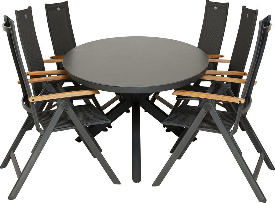 Coppens Qopps Vidas tuintafel met 6 Hartman Napoli verstelbare tuinstoelen met teak armlegger