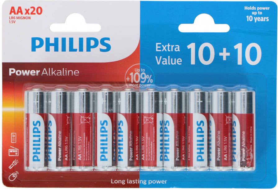 Philips Power Alkaline Batterijen 20x AA 109% meer kracht