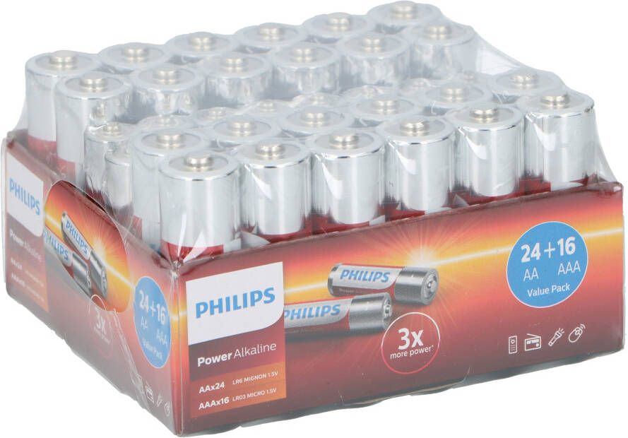 Philips Voordeelverpakking Batterijen 40 Stuks Power Alkaline Batterijen Incl. 24 AA-Batterijen en 16 AAA-Batterijen