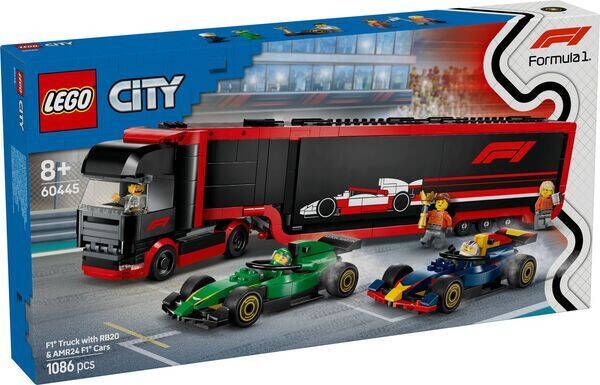 LEGO City F1 truck met RB20 en AMR24 F1 auto's 60445