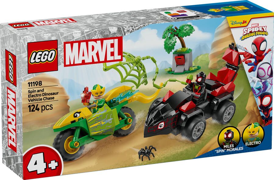 LEGO Marvel Spidey en zijn geweldige vriendjes Spin en Electro achtervolging met dinosaurusvoertuigen 11198