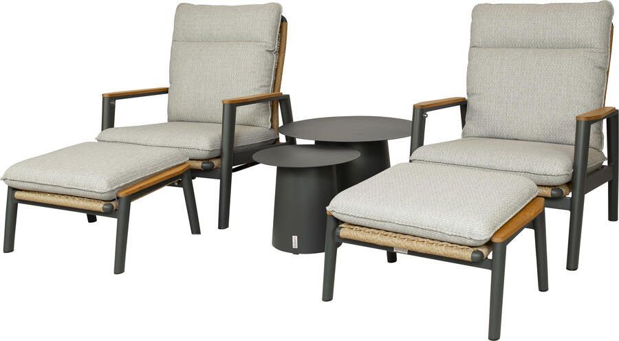 Qopps 2x Yvori loungestoel met 2x voetenbank en 2x Okios koffietafeltjes