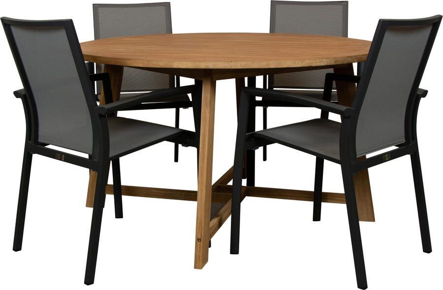 Qopps Alexander teak tuintafel 130 rond met Tampa stapelbare tuinstoel