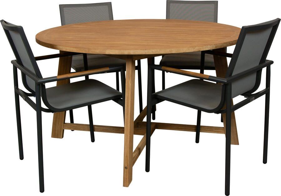 Qopps Alexander teak tuintafel 130 rond met Tulsi stapelbare tuinstoel