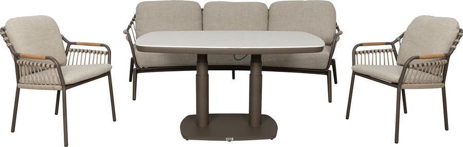 Qopps Egina loungebank met 2 dining tuinstoelen en Elena in hoogte verstelbare tuintafel