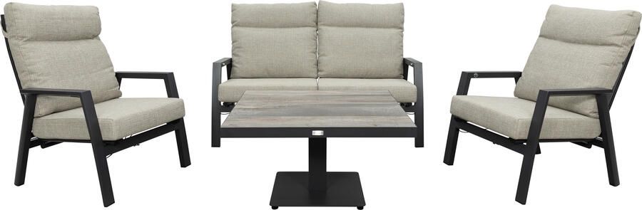 Qopps Exome loungeset met greige kussens en Javie in hoogte verstelbare tuintafel
