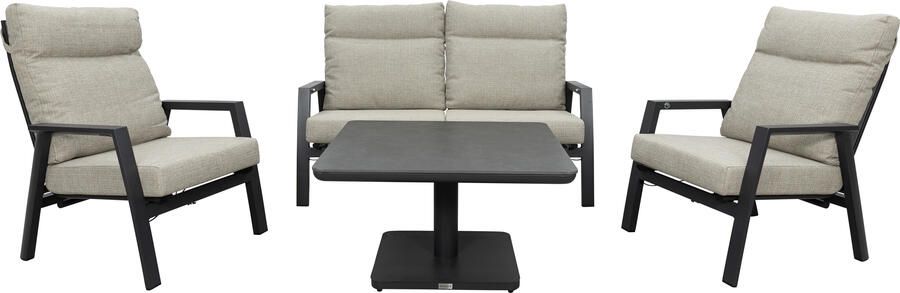 Qopps Exome loungeset met greige kussens en Ramin in hoogte verstelbare tuintafel