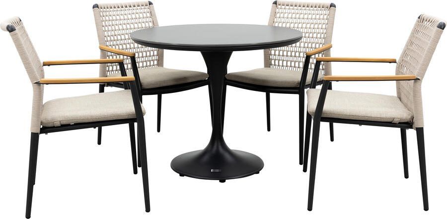 Qopps Gaona tuintafel met 4 Indra stapelbare tuinstoelen beige