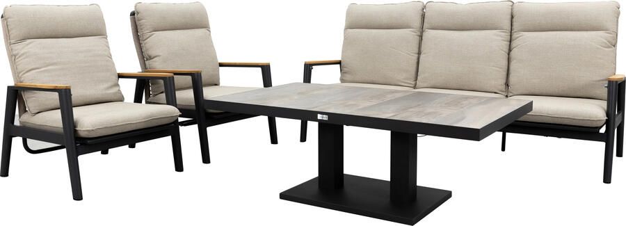 Qopps Indra 3 zits bank met 2 loungestoelen en Camos in hoogte verstelbare tuintafel