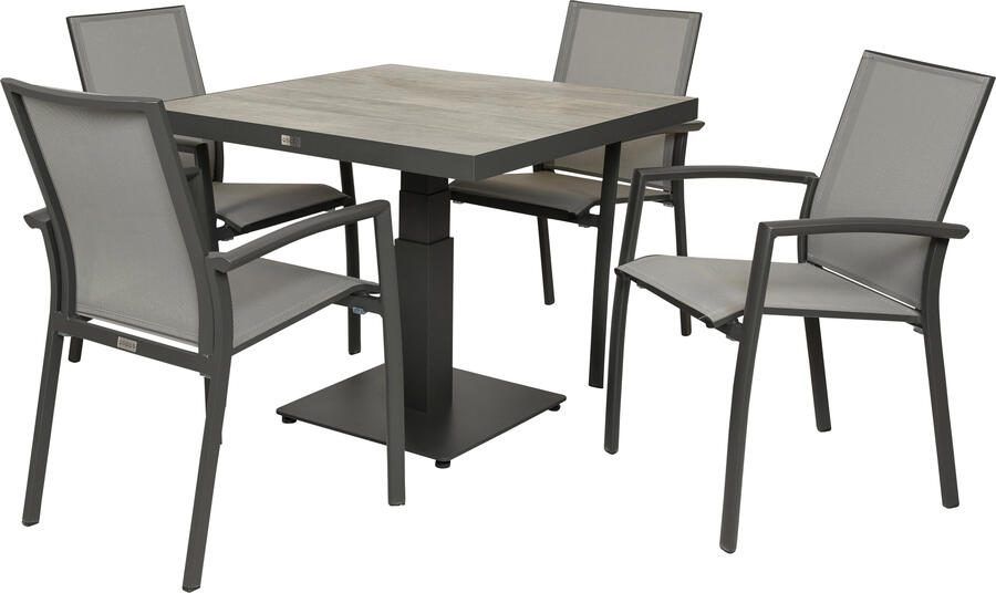 Qopps Javie in hoogte verstelbare tafel met 4 Tampa stapelbare tuinstoelen