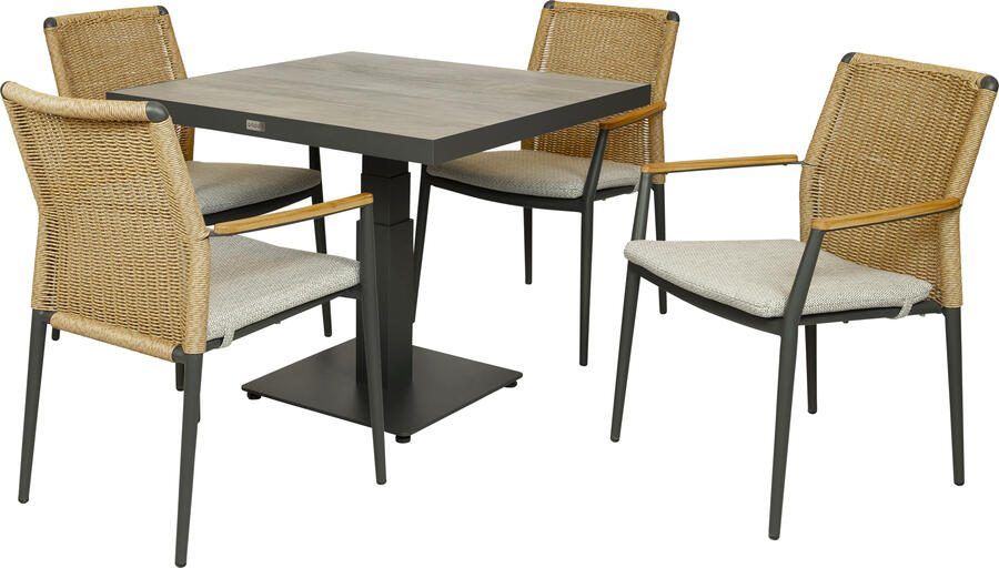 Qopps Javie in hoogte verstelbare tafel met 4 Yvori stapelbare tuinstoelen