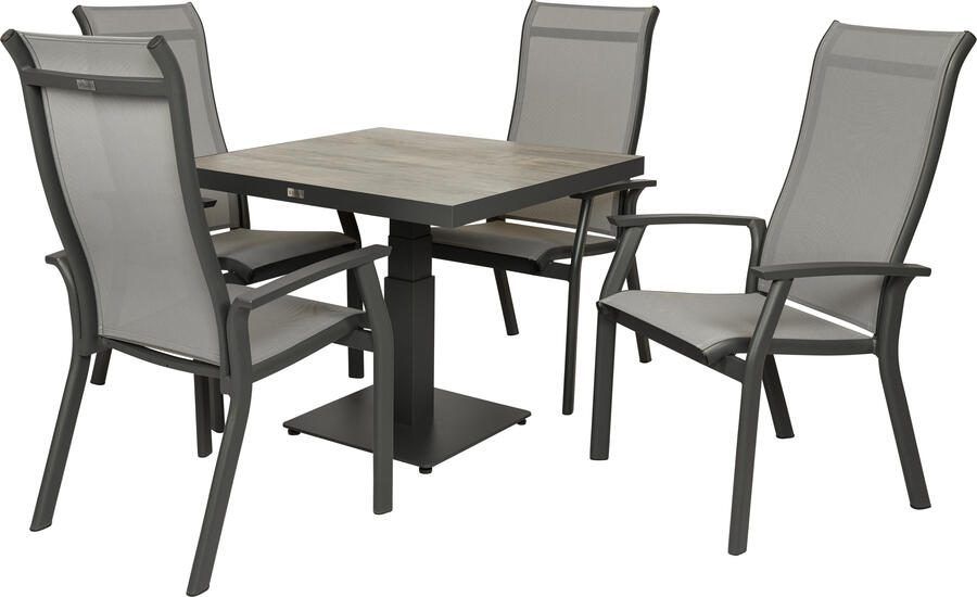 Qopps Javie in hoogte verstelbare tuintafel met 4 Farro stapelbare tuinstoelen