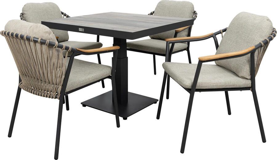 Qopps Javie in hoogte verstelbare tuintafel met 4 Flori stapelbare tuinstoelen