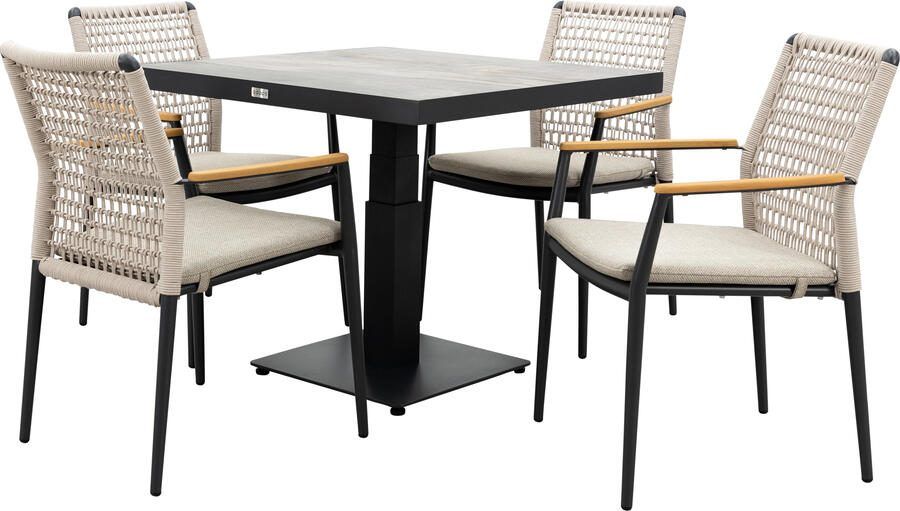 Qopps Javie in hoogte verstelbare tuintafel met 4 Indra stapelbare tuinstoelen