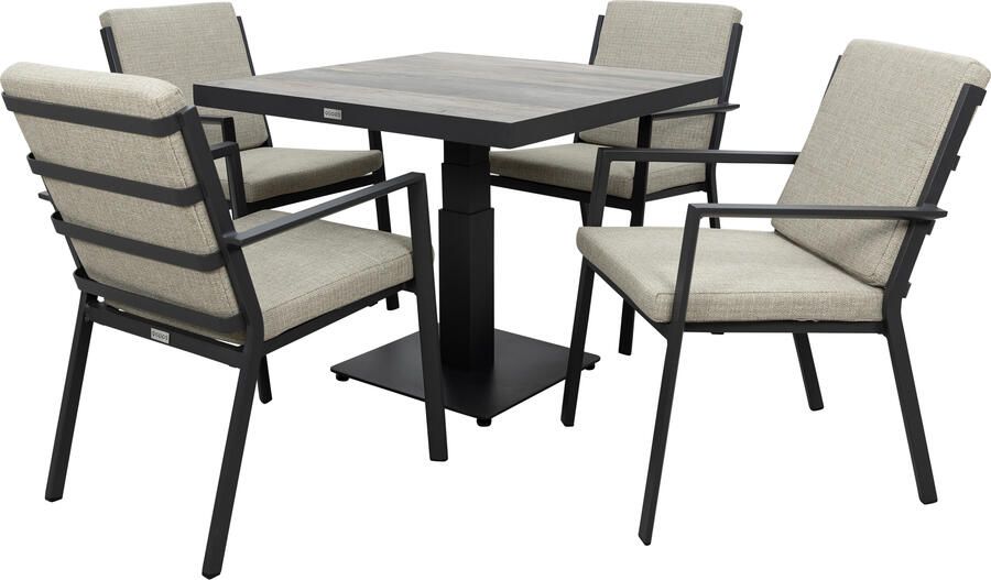 Qopps Javie in hoogte verstelbare tuintafel met 4 Izard stapelbare tuinstoelen