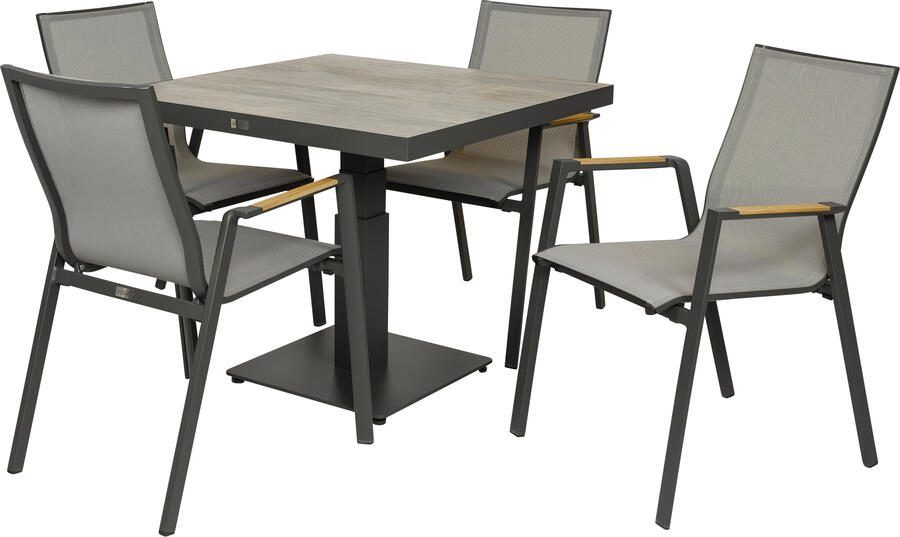 Qopps Javie in hoogte verstelbare tuintafel met 4 Jibba stapelbare tuinstoelen