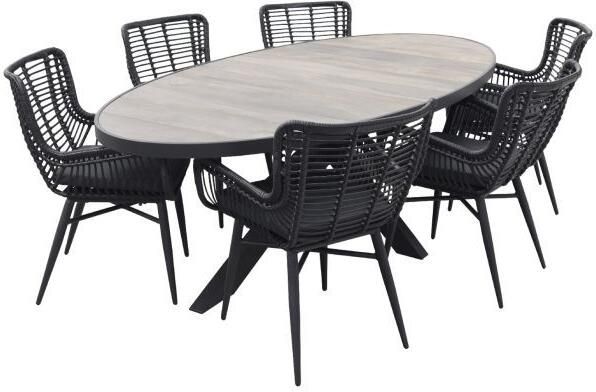 Qopps Kismo ovale tuintafel met 6 Jasmine dining tuinstoelen zwart