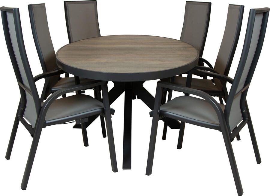 Qopps Kismo tuintafel met 6 Victory gasveer verstelbare tuinstoelen