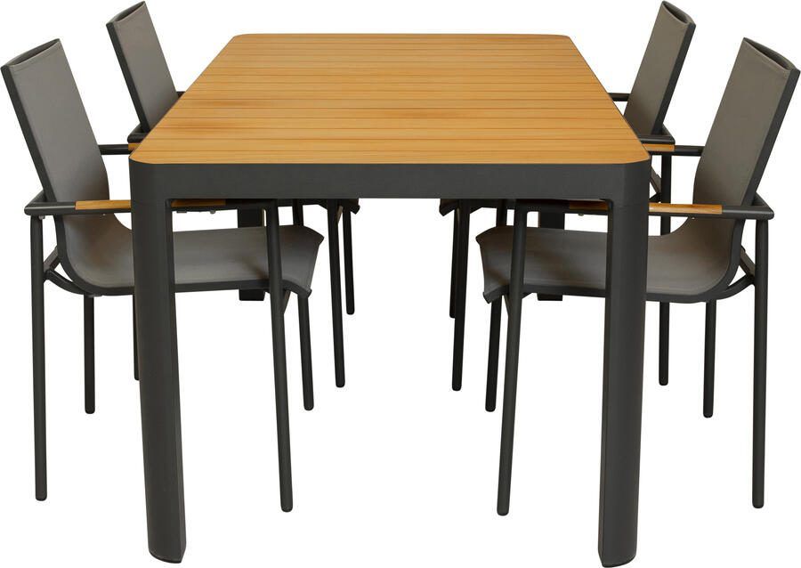 Qopps Mikos tuintafel met 4 Tulsi stapelbare tuinstoelen