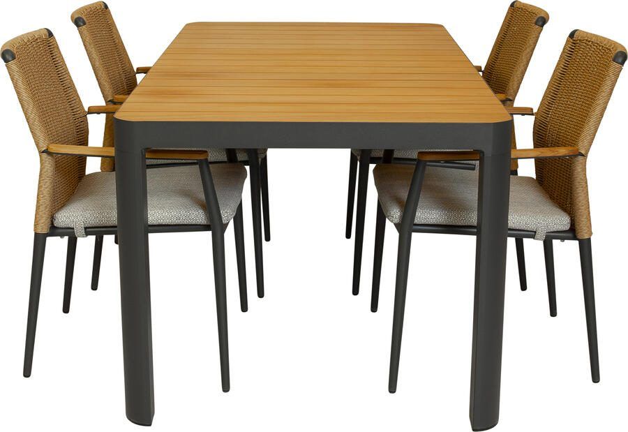 Qopps Mikos tuintafel met 4 Yvori stapelbare tuinstoelen