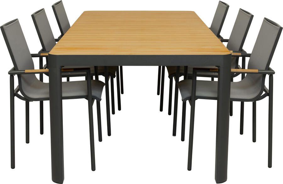 Qopps Mikos tuintafel met 6 Tulsi stapelbare tuinstoelen