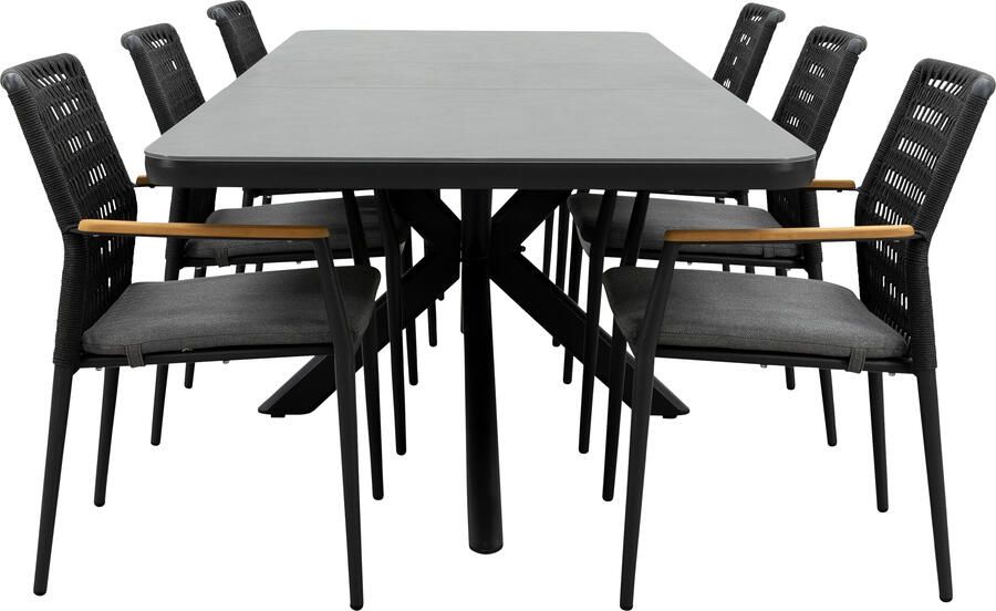 Qopps Mirek uitschuifbare tafel met 6 Indra stapelbare tuinstoelen antraciet