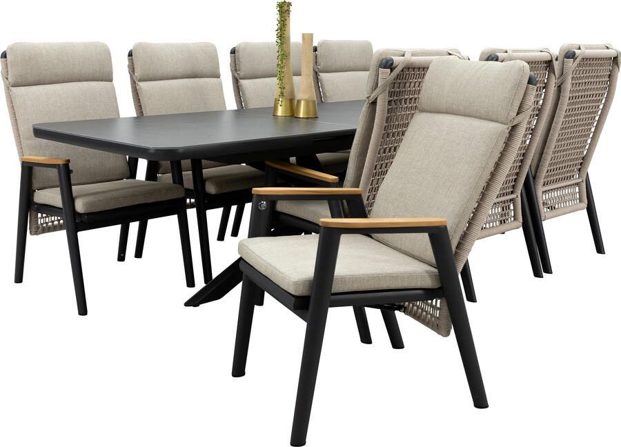 Qopps Mirek uitschuifbare tafel met 8 Indra gasveer verstelbare tuinstoelen