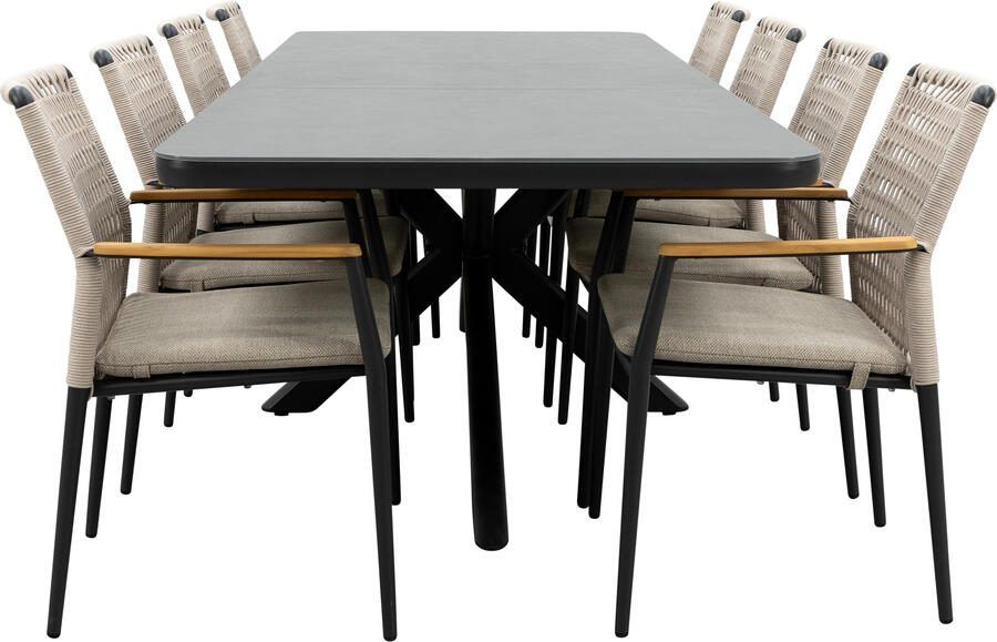 Qopps Mirek uitschuifbare tuintafel met 8 Indra stapelbare tuinstoelen