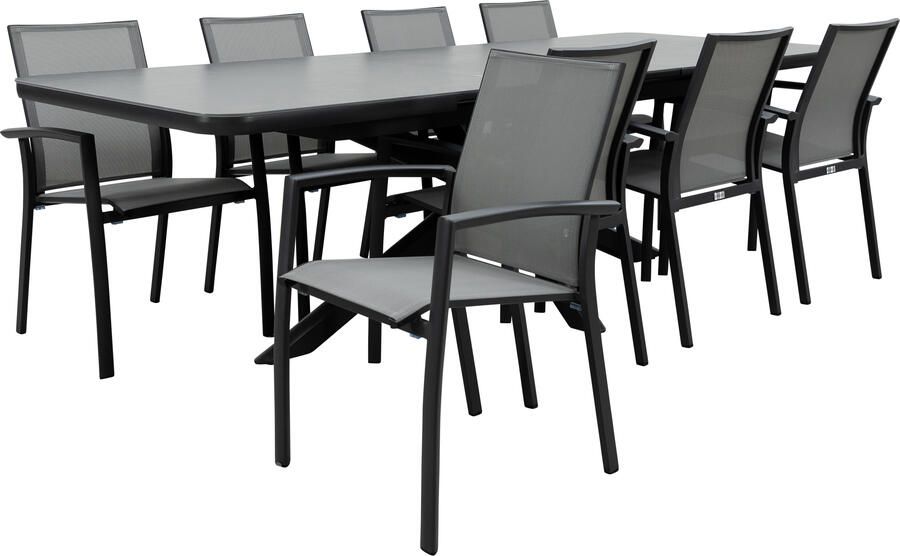 Qopps Mirek uitschuifbare tuintafel met 8 Tampa stapelbare tuinstoelen