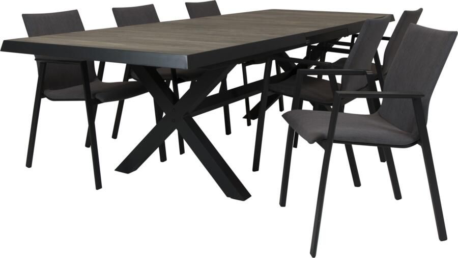 Qopps Ottowa uitschuifbare tuintafel met 6 Fubar stapelbare tuinstoelen