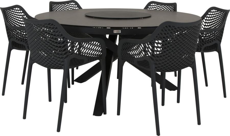 Qopps Perth tafel 150 rond Antraciet met 6 tuinstoelen Air XL