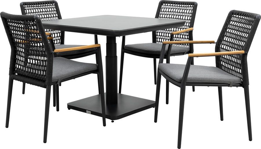 Qopps Ramin in hoogte verstelbare tuintafel met 4 Indra stapelbare tuinstoelen antraciet