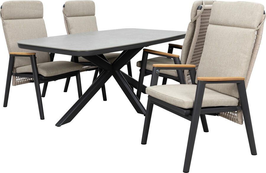 Qopps Vakio tuintafel met 4 Indra gasveer verstelbare tuinstoelen