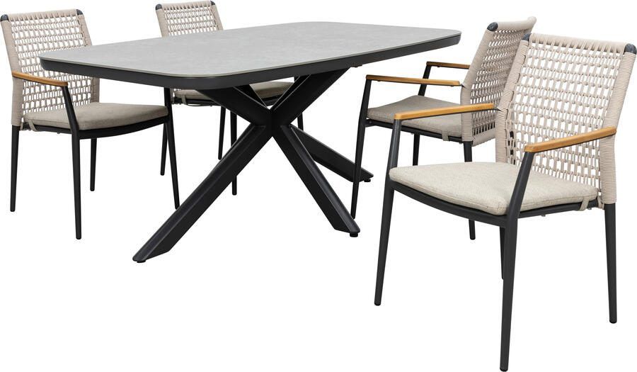 Qopps Vakio tuintafel met 4 Indra stapelbare tuinstoelen